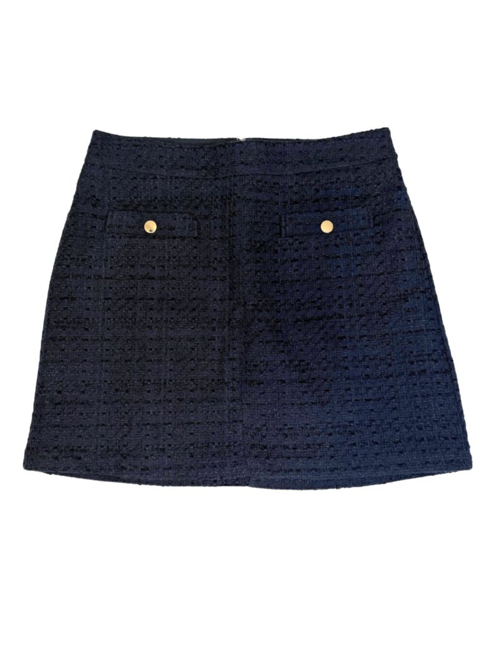 LOFT Navy Blue Tweed Mini Skirt with Gold Buttons & Pockets | Size 10 with Tags